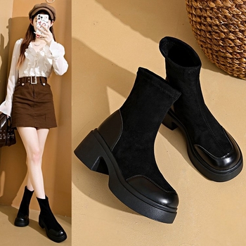 Storapadiai moteriški aulinukai 2025 m. rudeniui, nauji britiško stiliaus aksominiai trumpi aulinukai, storakulniai aukštakulniai, elastingi aulinukai, ploni moteriški aulinukai