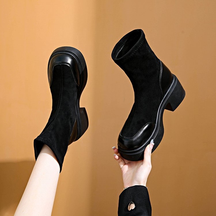 Storapadiai moteriški aulinukai 2025 m. rudeniui, nauji britiško stiliaus aksominiai trumpi aulinukai, storakulniai aukštakulniai, elastingi aulinukai, ploni moteriški aulinukai