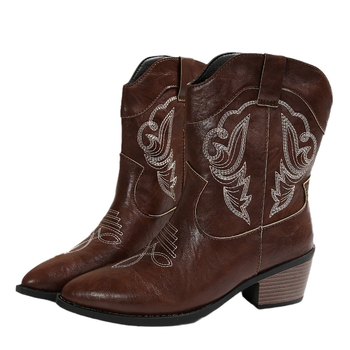 Nauji 2024 m. smailūs vidutinio kulno retro stiliaus siuvinėti storakulniai V formos vakarietiški džinsiniai aulinukai su riterių raštu.