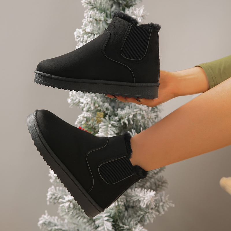 2025 m. nauji, vientisos spalvos, elastinės juostos, plokščiapadžiai, trumpi, pliušiniai sniego batai moterims, šilti žieminiai, plius dydžio, užsienio prekybos moteriški batai