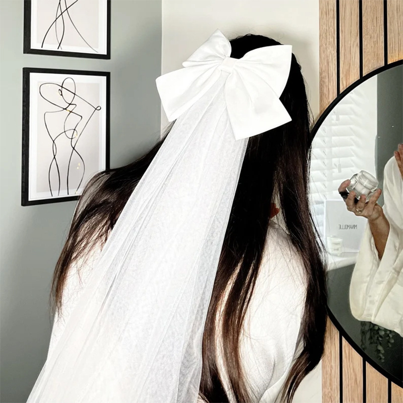 Супер красив дълъг двуслоен воал с панделка, френски булчински воал за регистрация на сватбена снимка, сатенен пухкав воал