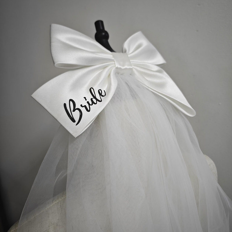 Супер красив дълъг двуслоен воал с панделка, френски булчински воал за регистрация на сватбена снимка, сатенен пухкав воал