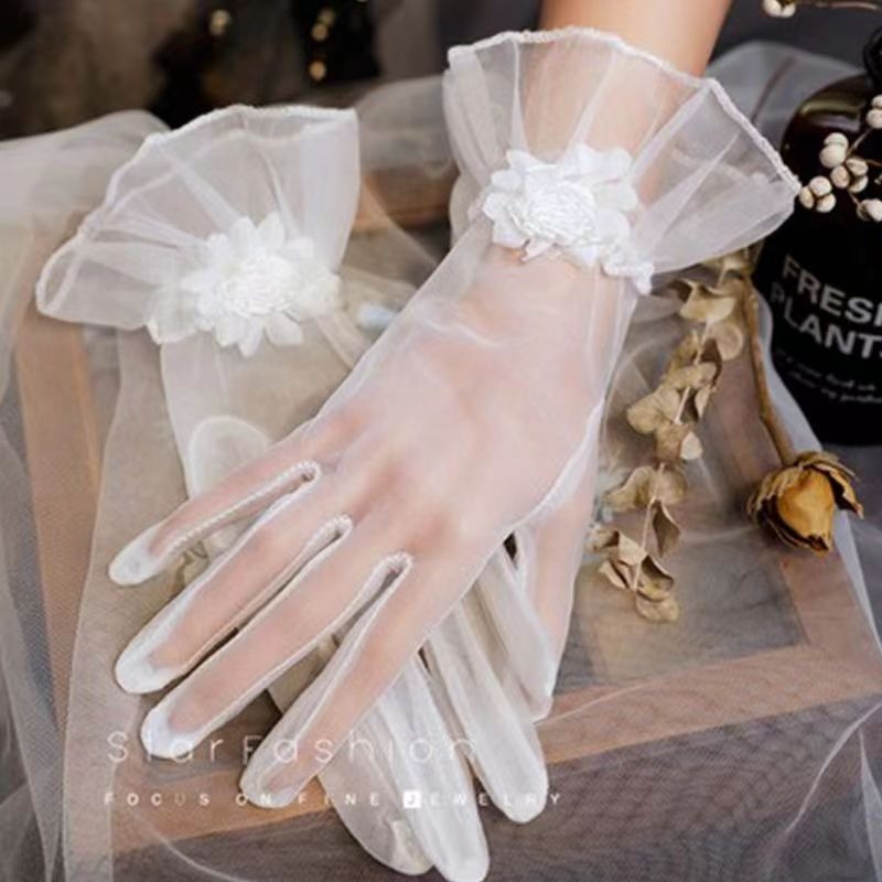 Mănuși de mireasă scurte din dantelă, alb, culoare șampanie, fluture, mănuși de nuntă cu plasă elastică de înaltă calitate, accesorii de performanță pentru rochii
