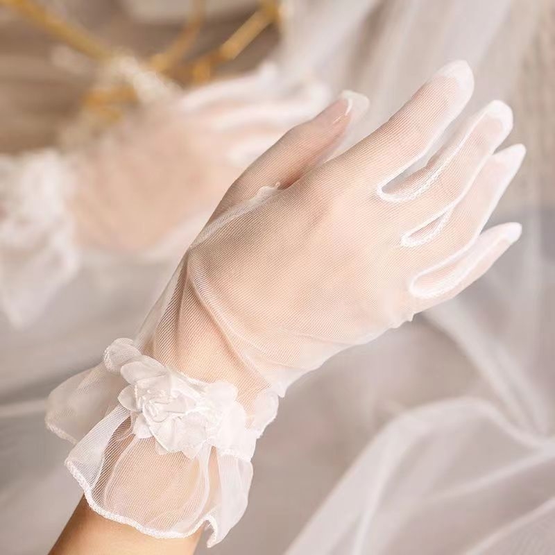 Nuotakos pirštinės trumpos nėriniuotos baltos šampano spalvos drugelio formos vestuvinės pirštinės su aukštu elastiniu tinkleliu suknelės aksesuarai