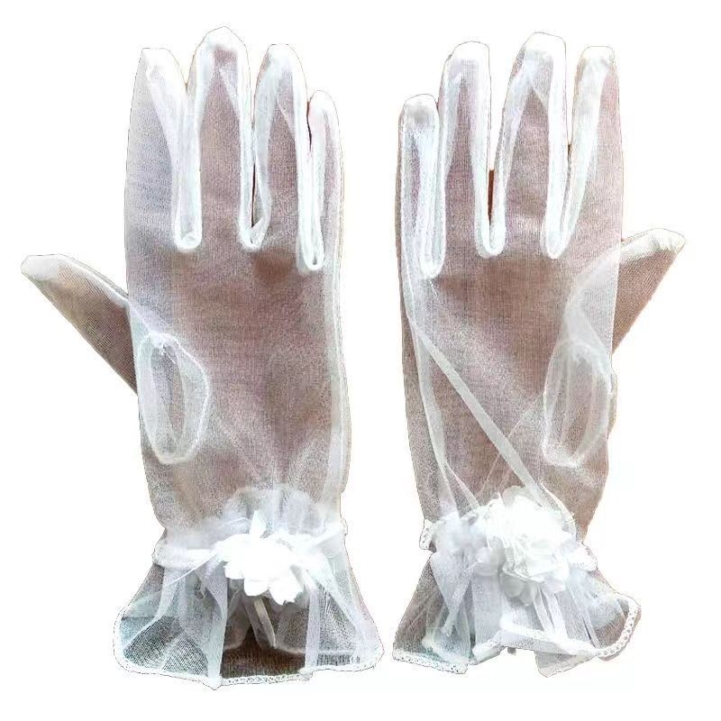 Nuotakos pirštinės trumpos nėriniuotos baltos šampano spalvos drugelio formos vestuvinės pirštinės su aukštu elastiniu tinkleliu suknelės aksesuarai