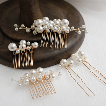 Naujas rankų darbo nuotakos galvos apdangalas, perlų galvos apdangalas, europietiškos ir amerikietiškos vestuvinės šukuosenos, 5 dalių perlų šukos, vestuvinė suknelė