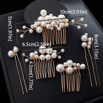 Naujas rankų darbo nuotakos galvos apdangalas, perlų galvos apdangalas, europietiškos ir amerikietiškos vestuvinės šukuosenos, 5 dalių perlų šukos, vestuvinė suknelė