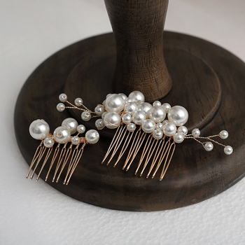 Naujas rankų darbo nuotakos galvos apdangalas, perlų galvos apdangalas, europietiškos ir amerikietiškos vestuvinės šukuosenos, 5 dalių perlų šukos, vestuvinė suknelė