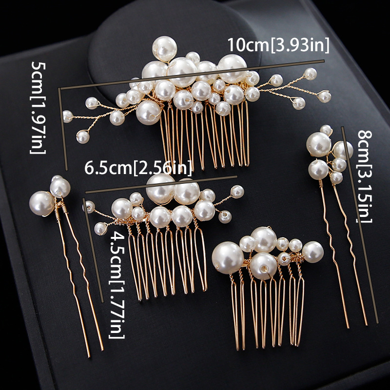 Naujas rankų darbo nuotakos galvos apdangalas, perlų galvos apdangalas, europietiškos ir amerikietiškos vestuvinės šukuosenos, 5 dalių perlų šukos, vestuvinė suknelė