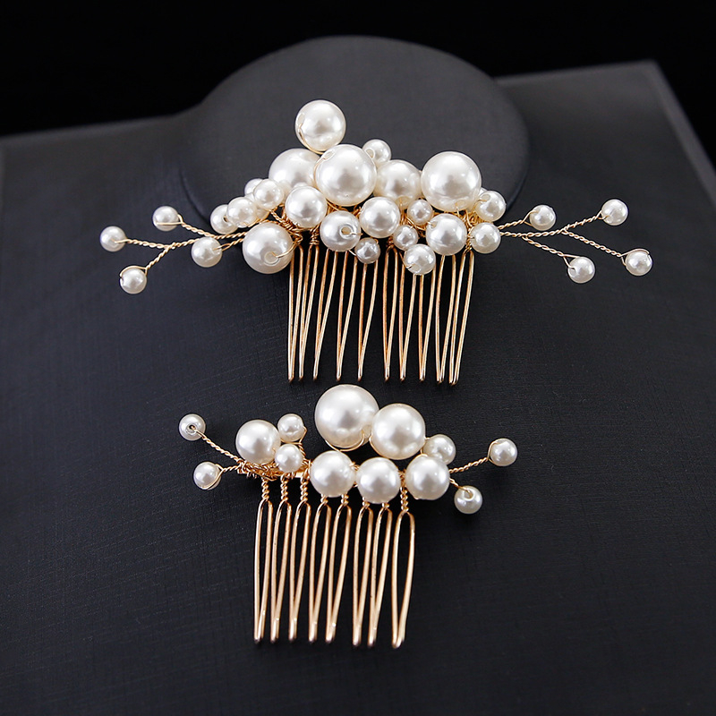 Naujas rankų darbo nuotakos galvos apdangalas, perlų galvos apdangalas, europietiškos ir amerikietiškos vestuvinės šukuosenos, 5 dalių perlų šukos, vestuvinė suknelė