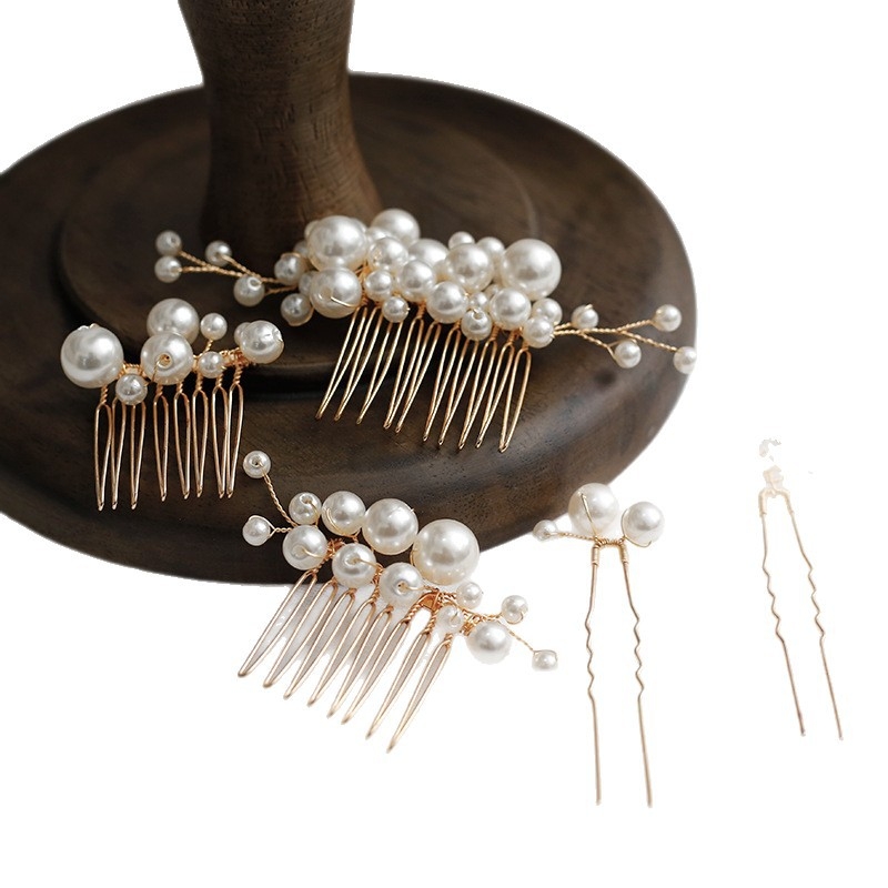Naujas rankų darbo nuotakos galvos apdangalas, perlų galvos apdangalas, europietiškos ir amerikietiškos vestuvinės šukuosenos, 5 dalių perlų šukos, vestuvinė suknelė