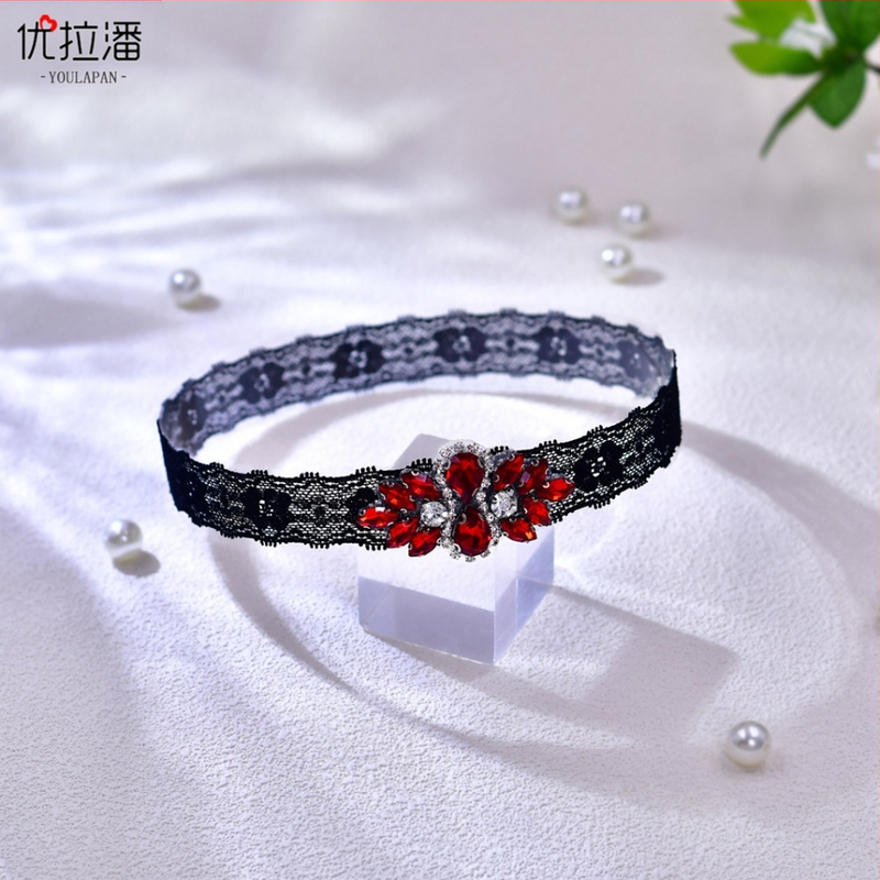 Youlapan ST61 Тъмночерен, червен, диамантен пръстен за крак, черна дантела с червен диамантен жартиера колан за крака за жени