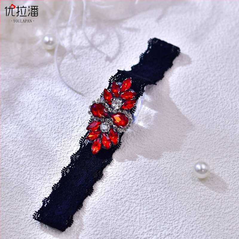 Youlapan ST61 Тъмночерен, червен, диамантен пръстен за крак, черна дантела с червен диамантен жартиера колан за крака за жени