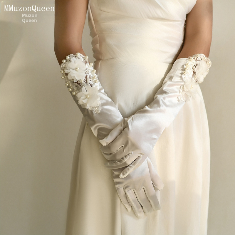 „Manzhen Bride“ vestuvinės pirštinės, vestuvinės nėriniuotos gėlės, atlasinės trumpos pirštinės, balti aksesuarai MM09