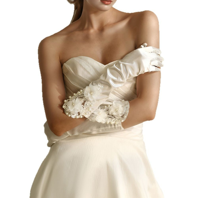 „Manzhen Bride“ vestuvinės pirštinės, vestuvinės nėriniuotos gėlės, atlasinės trumpos pirštinės, balti aksesuarai MM09