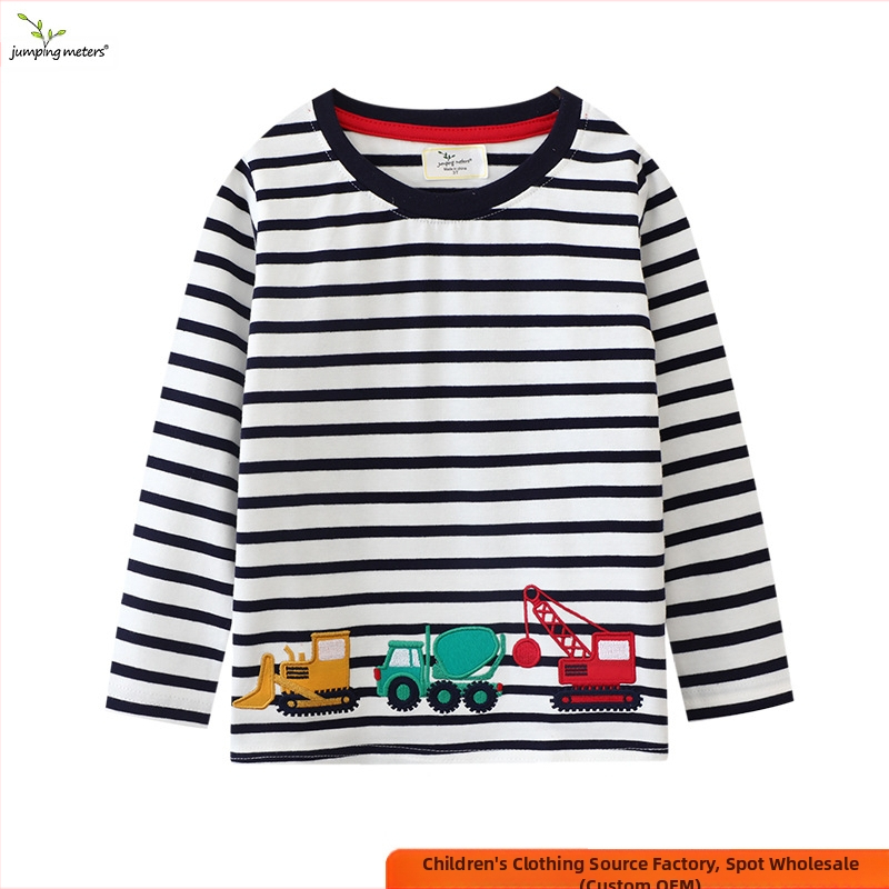 Poiste pikkade varrukatega T-särk Triibuline ühes tükis puhtast puuvillast T-särk beebide üleriieteks Sügiseks uus ümara kaelusega poiste T-särk