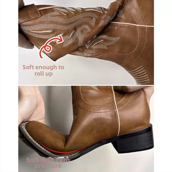 Siuvinėti vakarietiški kaubojiški moteriški batai, 2025 m. Nauji etninio stiliaus riterių batai, retro stiliaus ilgi batai, rudi universalūs Martino batai