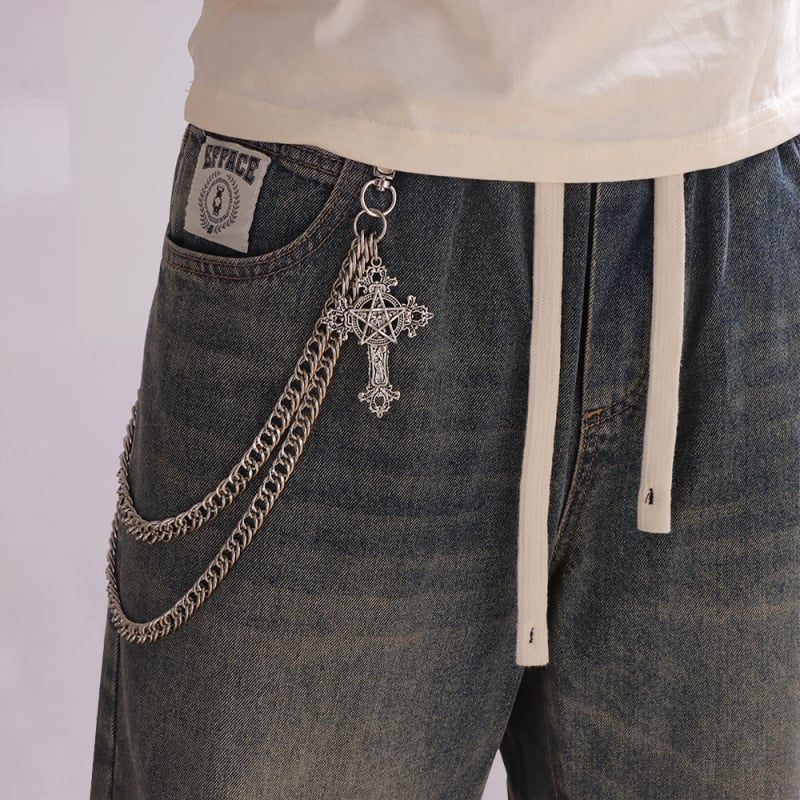 „Amazon“ perkamiausias tamsios pentagramos raižyto kryžiaus pakabukas su retro gotikos stiliaus dviguba grandinėle ir metalinėmis kelnių grandinėlėmis