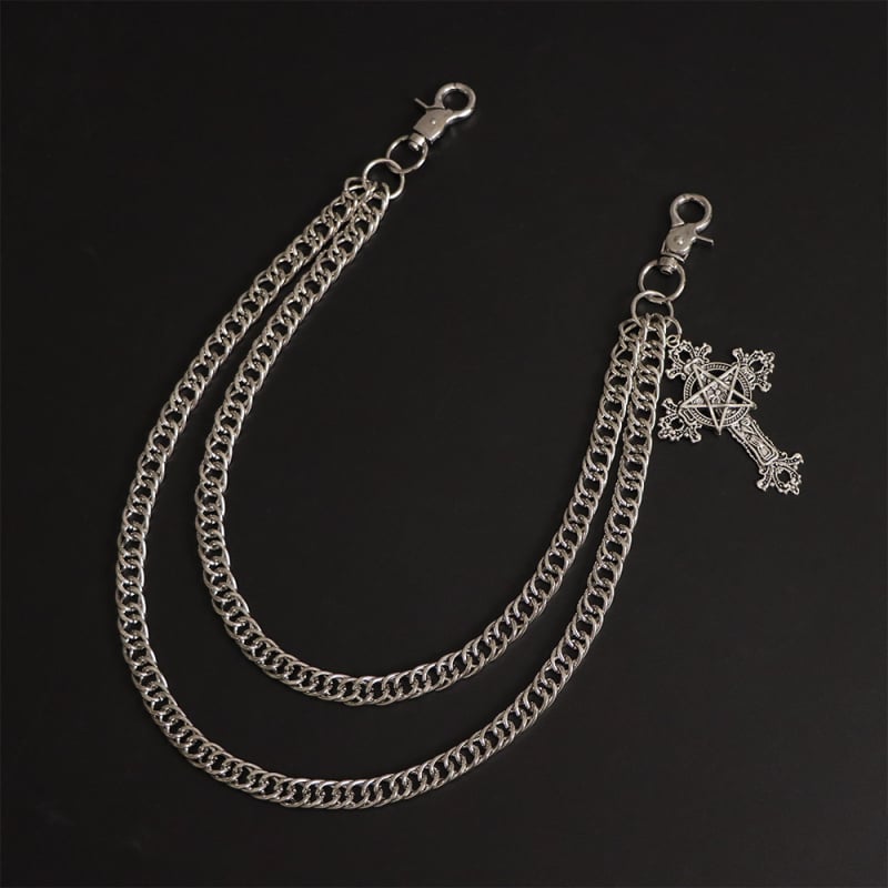 „Amazon“ perkamiausias tamsios pentagramos raižyto kryžiaus pakabukas su retro gotikos stiliaus dviguba grandinėle ir metalinėmis kelnių grandinėlėmis