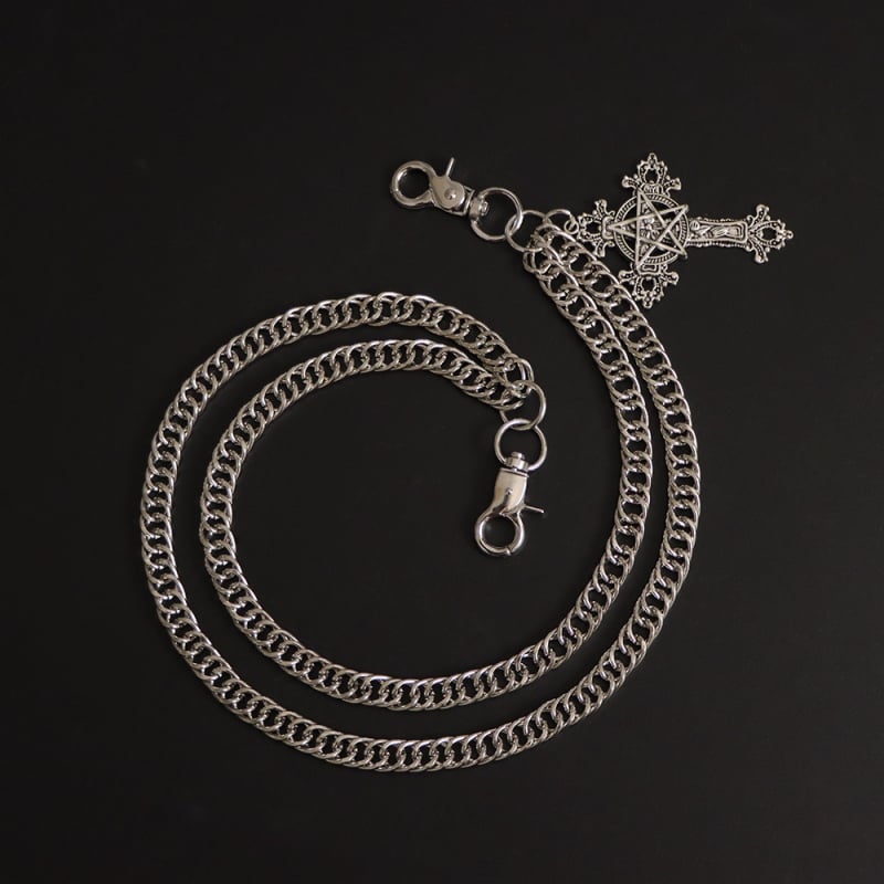 „Amazon“ perkamiausias tamsios pentagramos raižyto kryžiaus pakabukas su retro gotikos stiliaus dviguba grandinėle ir metalinėmis kelnių grandinėlėmis