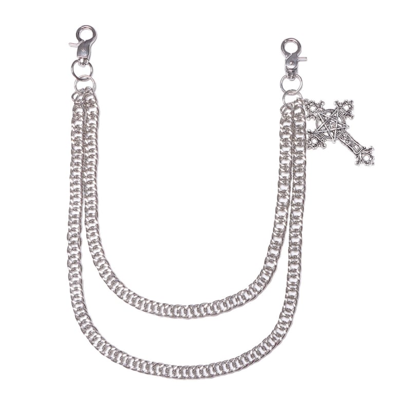 „Amazon“ perkamiausias tamsios pentagramos raižyto kryžiaus pakabukas su retro gotikos stiliaus dviguba grandinėle ir metalinėmis kelnių grandinėlėmis