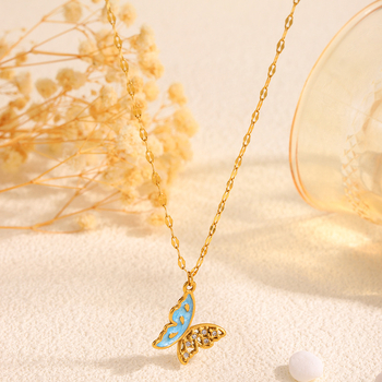 Tarpvalstybinio europietiško ir amerikietiško stiliaus mažas šviežio aliejaus lašančio drugelio titano plieno karoliai, lengvi, prabangūs, nišiniai, laisvo jausmo nerūdijančio plieno karoliai moterims