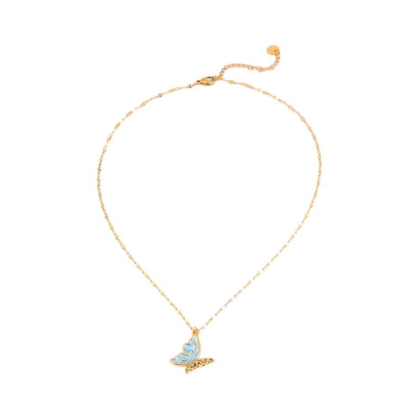 Tarpvalstybinio europietiško ir amerikietiško stiliaus mažas šviežio aliejaus lašančio drugelio titano plieno karoliai, lengvi, prabangūs, nišiniai, laisvo jausmo nerūdijančio plieno karoliai moterims