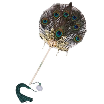 Povo plunksnos aksominis vėduoklis, senovinio stiliaus ilga rankena, Han dinastijos čeongsamo aksesuarai, rankinis vėduoklis pasirodymams ir šaudymo rekvizitams, be vėduoklės