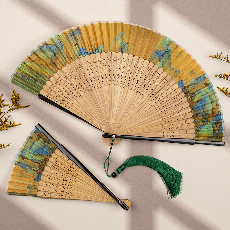 Naujo stiliaus vėduoklė su senovinio stiliaus peizažo paveikslu, sulankstoma vėduoklė moterims vasarinei, nešiojama speciali šokių vėduoklė studentams, skirta Han dinastijos vėduoklės dovanų nuotraukoms