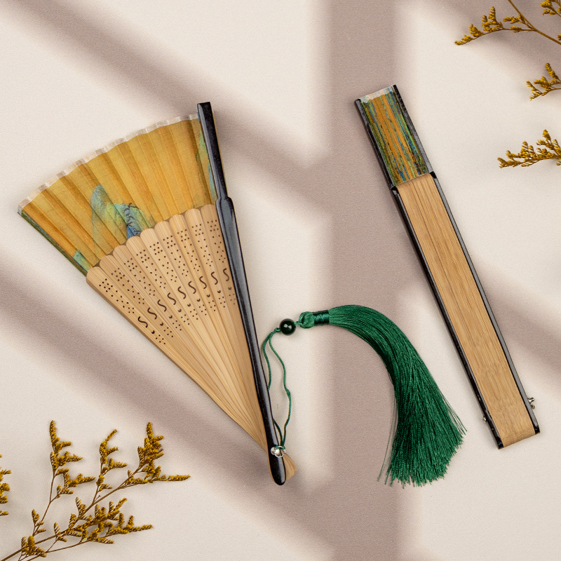 Naujo stiliaus vėduoklė su senovinio stiliaus peizažo paveikslu, sulankstoma vėduoklė moterims vasarinei, nešiojama speciali šokių vėduoklė studentams, skirta Han dinastijos vėduoklės dovanų nuotraukoms