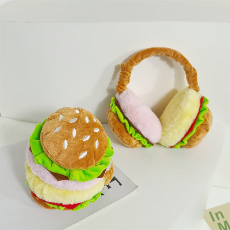 Žiemos nauji smagūs maisto ir žaidimų šilti ausų kamšteliai, mieli mėsainių pliušiniai sulankstomi ausų kamšteliai studentams, antifriziniai ausų kamšteliai moterims