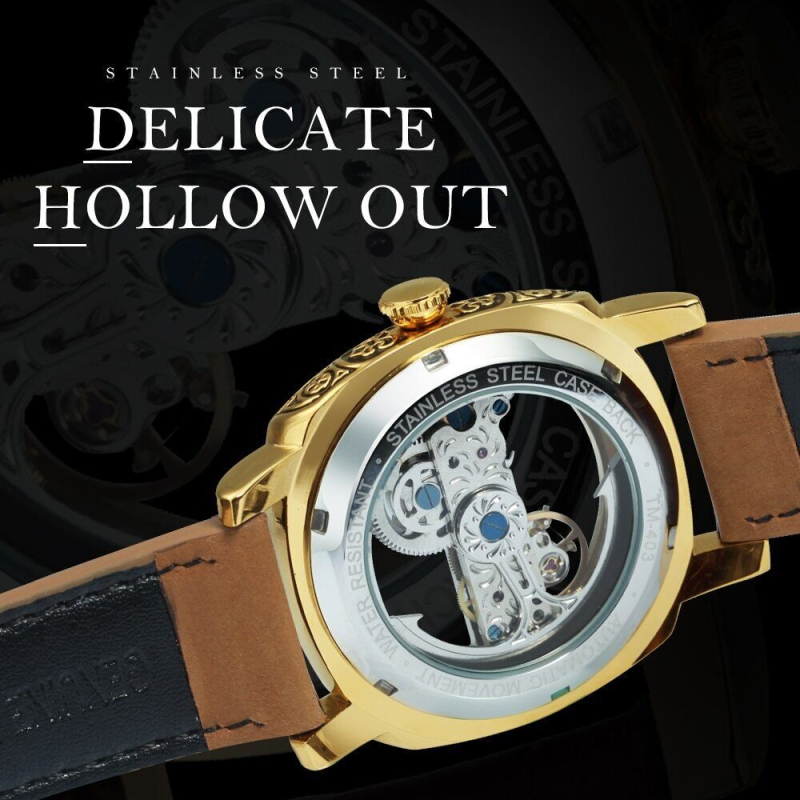 Jauns, Eiropas un Amerikas stila vīriešu modes retro cirsts dobs automātiskais mehāniskais pulkstenis ar matu paaudzi
