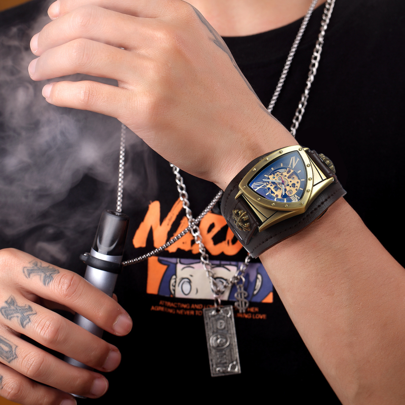 Ceas mecanic automat Shenhua, model vintage, cu triunghi gol, din bronz, cadran, pentru bărbați