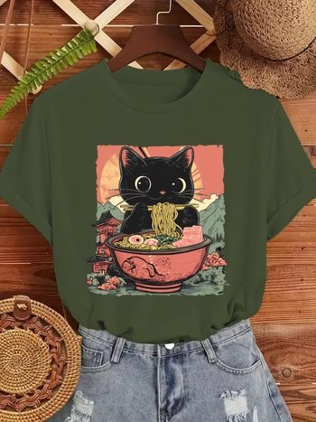 Europinio dydžio medvilniniai marškinėliai [kasdienis komfortas] moteriški laisvalaikio stiliaus ramen marškinėliai su katės paveikslėliu