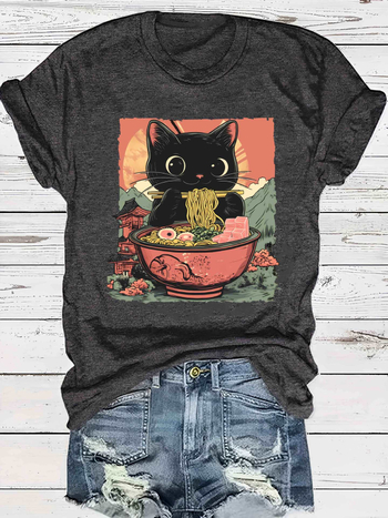 Ευρωπαϊκό μέγεθος βαμβακερό T [Everyday Comfort] Γυναικείο casual Ramen Cat Graphic T