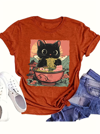 Ευρωπαϊκό μέγεθος βαμβακερό T [Everyday Comfort] Γυναικείο casual Ramen Cat Graphic T