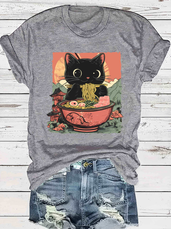 Ευρωπαϊκό μέγεθος βαμβακερό T [Everyday Comfort] Γυναικείο casual Ramen Cat Graphic T