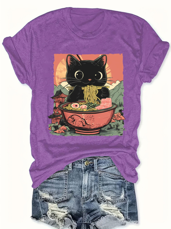 Ευρωπαϊκό μέγεθος βαμβακερό T [Everyday Comfort] Γυναικείο casual Ramen Cat Graphic T