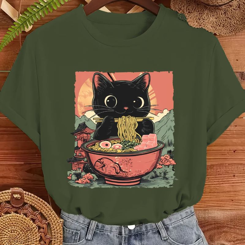 Europinio dydžio medvilniniai marškinėliai [kasdienis komfortas] moteriški laisvalaikio stiliaus ramen marškinėliai su katės paveikslėliu