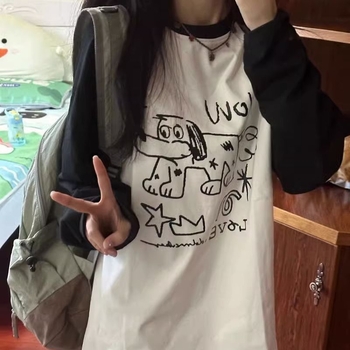 Ασπρόμαυρο μπλουζάκι με μακριά μανίκια και ραφές σε αντίθεση χρωμάτων, γυναικείο Design Sense, χαλαρό, casual, κορεάτικο φθινόπωρο, νέο, γυναικείο, all-match γυναικεία ρούχα