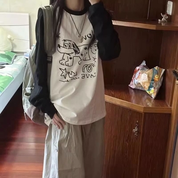 Ασπρόμαυρο μπλουζάκι με μακριά μανίκια και ραφές σε αντίθεση χρωμάτων, γυναικείο Design Sense, χαλαρό, casual, κορεάτικο φθινόπωρο, νέο, γυναικείο, all-match γυναικεία ρούχα