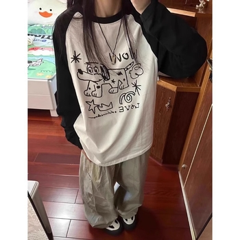 Ασπρόμαυρο μπλουζάκι με μακριά μανίκια και ραφές σε αντίθεση χρωμάτων, γυναικείο Design Sense, χαλαρό, casual, κορεάτικο φθινόπωρο, νέο, γυναικείο, all-match γυναικεία ρούχα