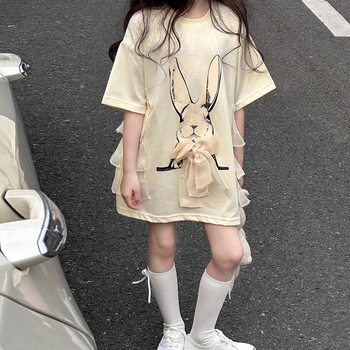 Φόρεμα T-shirt για κορίτσια με κοντό μανίκι, μοντέρνο, φαρδύ, παιδικό φόρεμα με μισά μανίκια, καλοκαιρινό, βαμβακερό, μεσαίου μήκους, μοντέρνο