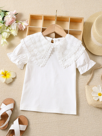 Individualūs vaikiški drabužiai mergaitėms, vasariniai viršutiniai drabužiai trumpomis rankovėmis, grynos medvilnės, madingi vaikiški vasariniai marškinėliai su lėlės atlapu, universalūs 7