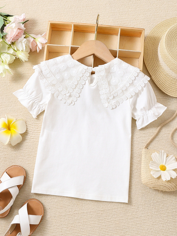 Individualūs vaikiški drabužiai mergaitėms, vasariniai viršutiniai drabužiai trumpomis rankovėmis, grynos medvilnės, madingi vaikiški vasariniai marškinėliai su lėlės atlapu, universalūs 7