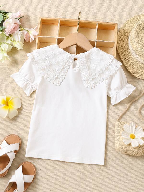 Individualūs vaikiški drabužiai mergaitėms, vasariniai viršutiniai drabužiai trumpomis rankovėmis, grynos medvilnės, madingi vaikiški vasariniai marškinėliai su lėlės atlapu, universalūs 7