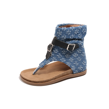 Džinsa jostas sprādzes augstas stringveida sandales sievietēm Eiropas un Amerikas ārējās tirdzniecības stringveida plakanas romiešu sandales sievietēm