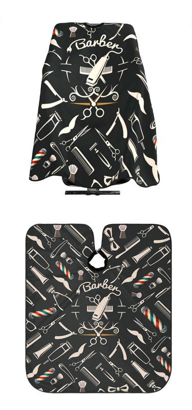 Matu griešanas apmetnis, nepiedegošs, piemērots lietošanai mājās, frizētavām, pieaugušo matu griezumiem, eļļas apstrādei, ilgviļņiem, krāsošanai, friziera instrumentiem, piemērojams vairākās valstīs