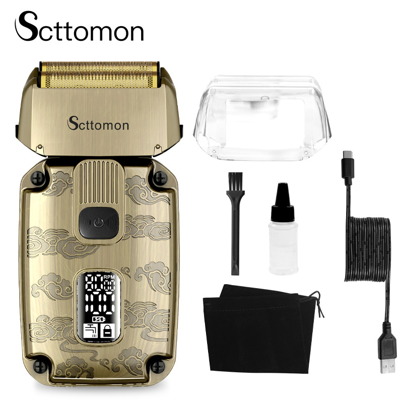 „Scttomon Retro“ stūmoklinis elektrinis skustuvas su dvigubu peiliuku, balinančiu tinkleliu, įkraunamas, plaunamas laikiklis