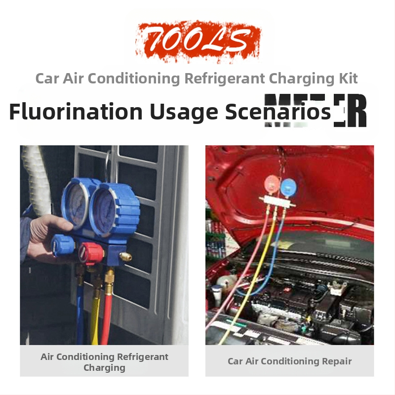 Флуометър за хладилен агент за автомобилен климатик, двоен измервателен уред, отварачка за бутилки с фреонова тръба за високо и ниско налягане, бърз меден конектор
